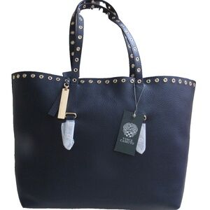 VINCE CAMUTO Areli Gold Tone Stud Trim Leather Winter NavyTote Large Bag $278.00